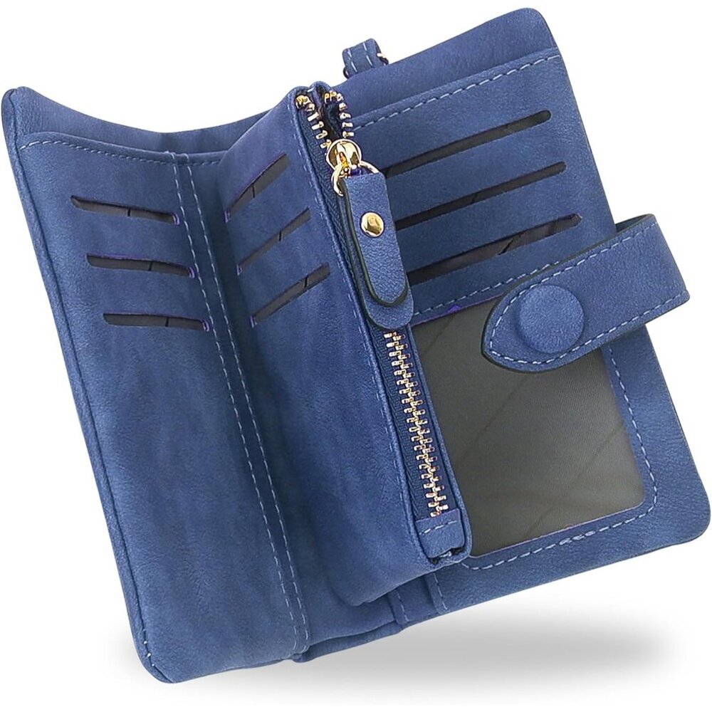 Small Wristlet Wallets for Women, Leather Bifold RFID Wallet with ID Window Zipp